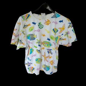 80's Cotton Connection Tropical Fish Set White Short Sleeve Shorts Womens M